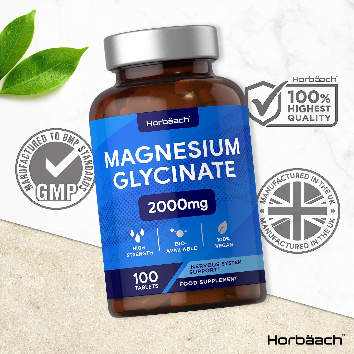 Magnesium Glycinate Supplement | 2000mg | 100 Vegan Tablets | High Strength Providing 400mg of Elemental Magnesium | Nervous System Support | by Horbaach