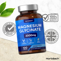 Magnesium Glycinate Supplement | 2000mg | 100 Vegan Tablets | High Strength Providing 400mg of Elemental Magnesium | Nervous System Support | by Horbaach