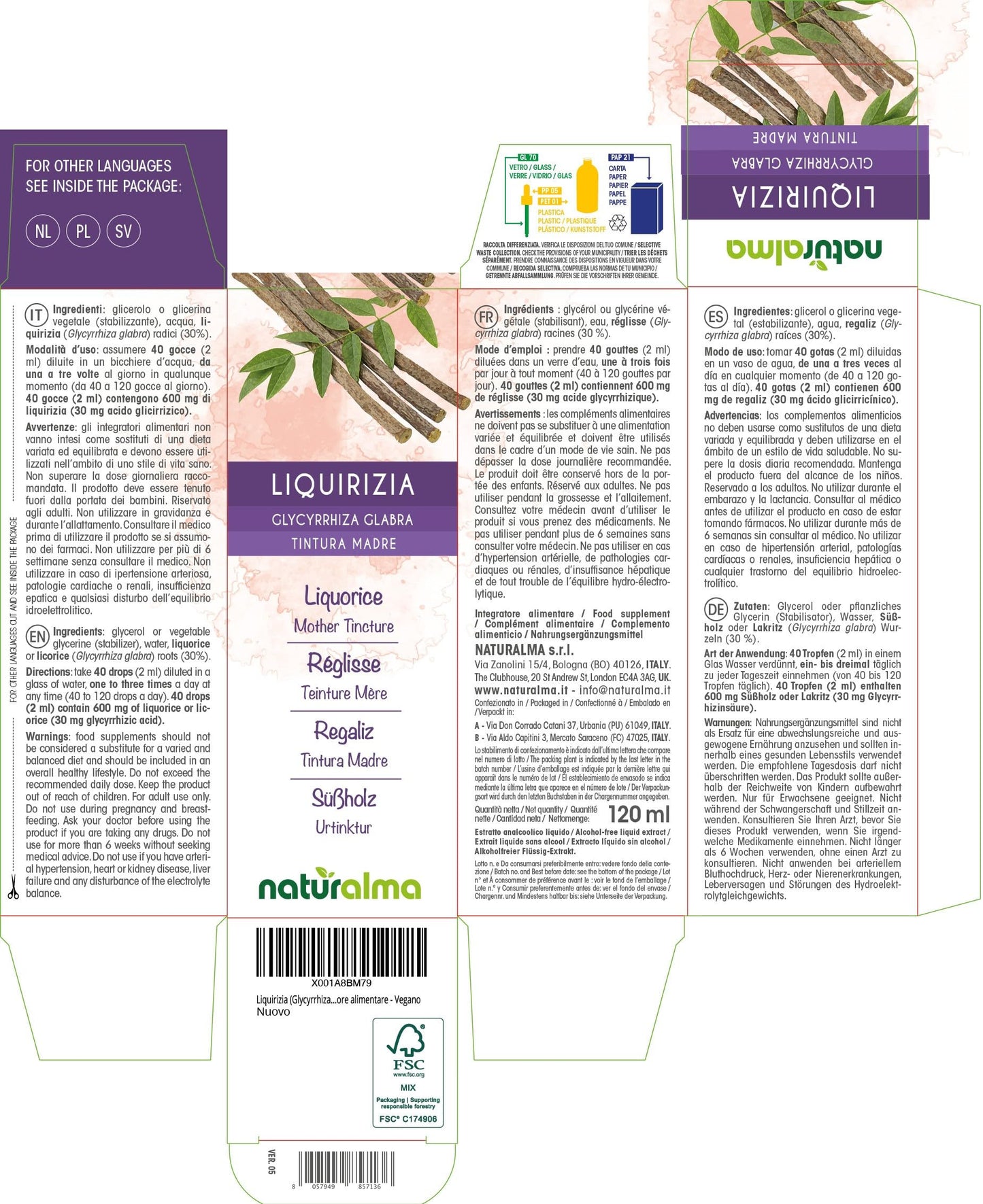 Liquorice or Licorice (Glycyrrhiza glabra) Roots Alcohol-Free Mother Tincture Naturalma - Liquid Extract Drops 120 ml - Food Supplement - Vegan