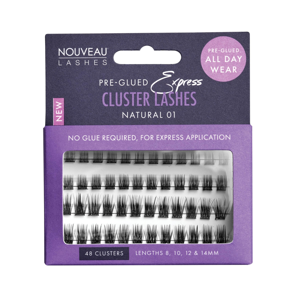 Nouveau Lashes Pre-Glued Express Cluster Lashes - Reusable & Customisable Lash Clusters - 8, 10, 12, 14mm Length - 44/48 Clusters Per Pack (Natural 01)
