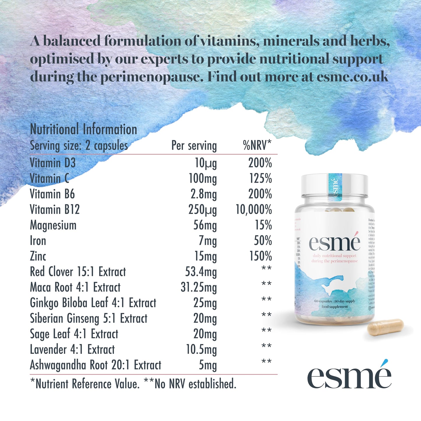 Menopause Supplements esmé perimenomé Perimenopause Supplements 1 Month Supply - Daily Support for The Early Stage of Menopause – 60 Capsules - Includes Ashwagandha, Vitamins and Red Clover