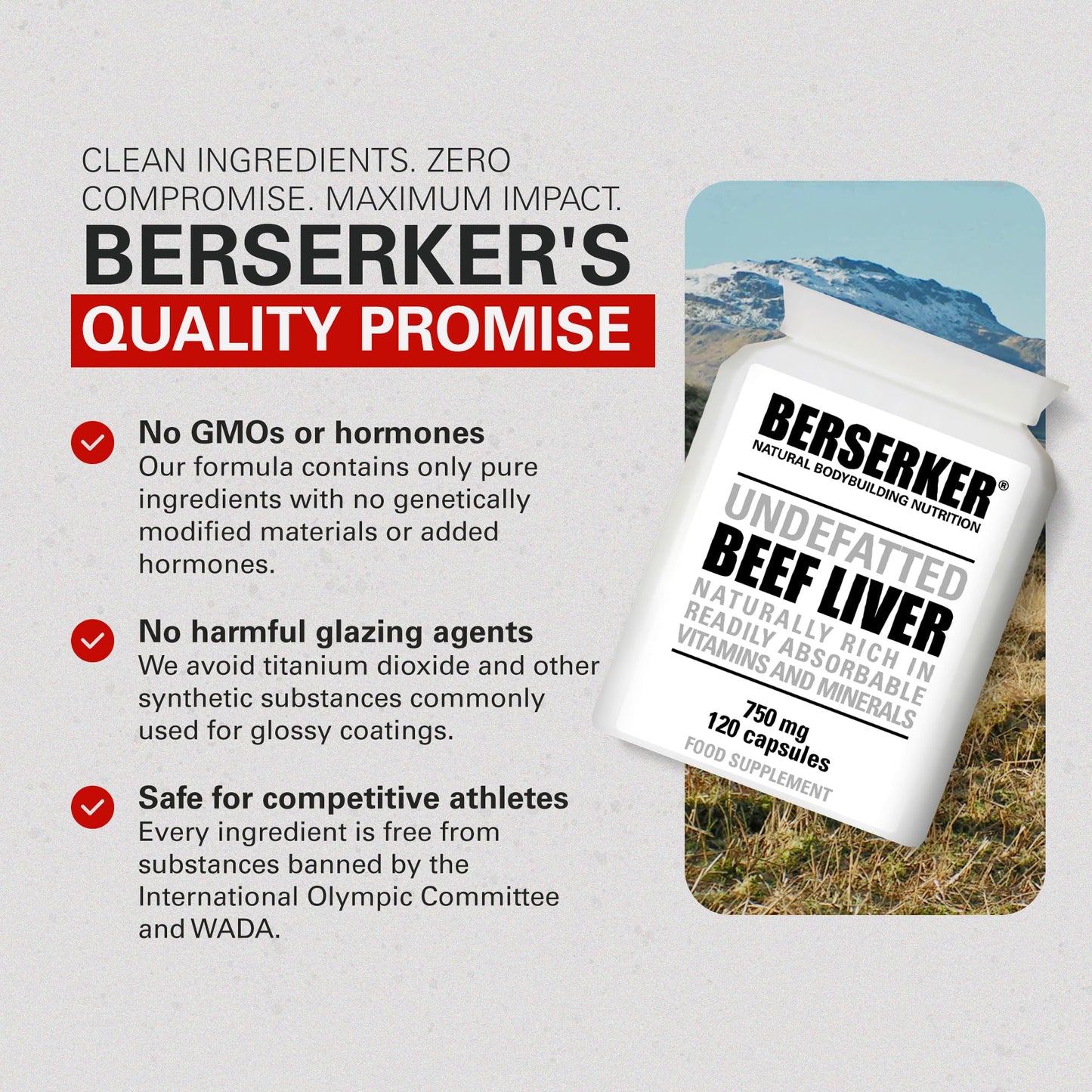 BERSERKER Supplements Berserker Desiccated Beef Liver Supplement 750mg per Capsule 120 Capsules, Un-defatted to Provide Full Absorption of Naturally Occurring Vitamins and Minerals Found in Beef Liver | Made in The UK