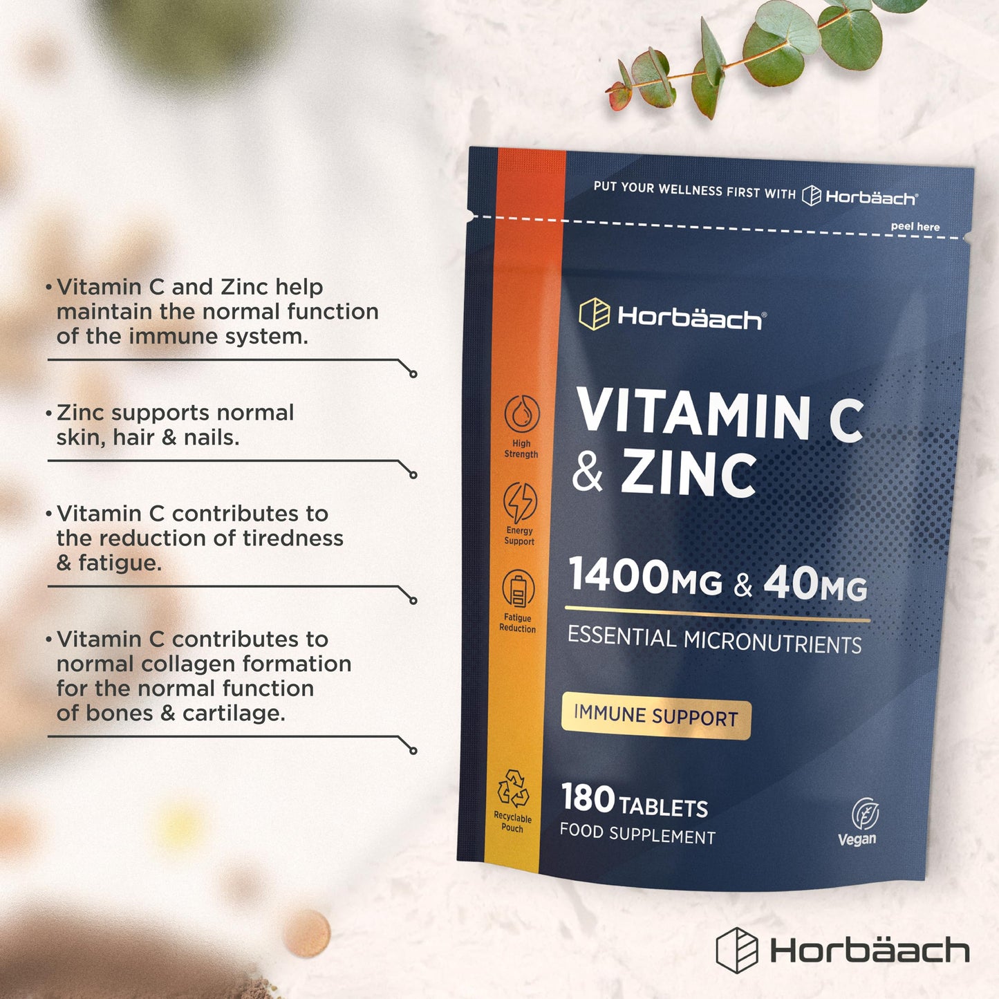 Horbäach Vitamin C 1400mg and Zinc 40mg Tablets | 180 Count | High Strength Complex with Vitamin C as Ascorbic Acid | Immune Support | Suitable for Vegans | by Horbaach