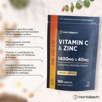 Horbäach Vitamin C 1400mg and Zinc 40mg Tablets | 180 Count | High Strength Complex with Vitamin C as Ascorbic Acid | Immune Support | Suitable for Vegans | by Horbaach