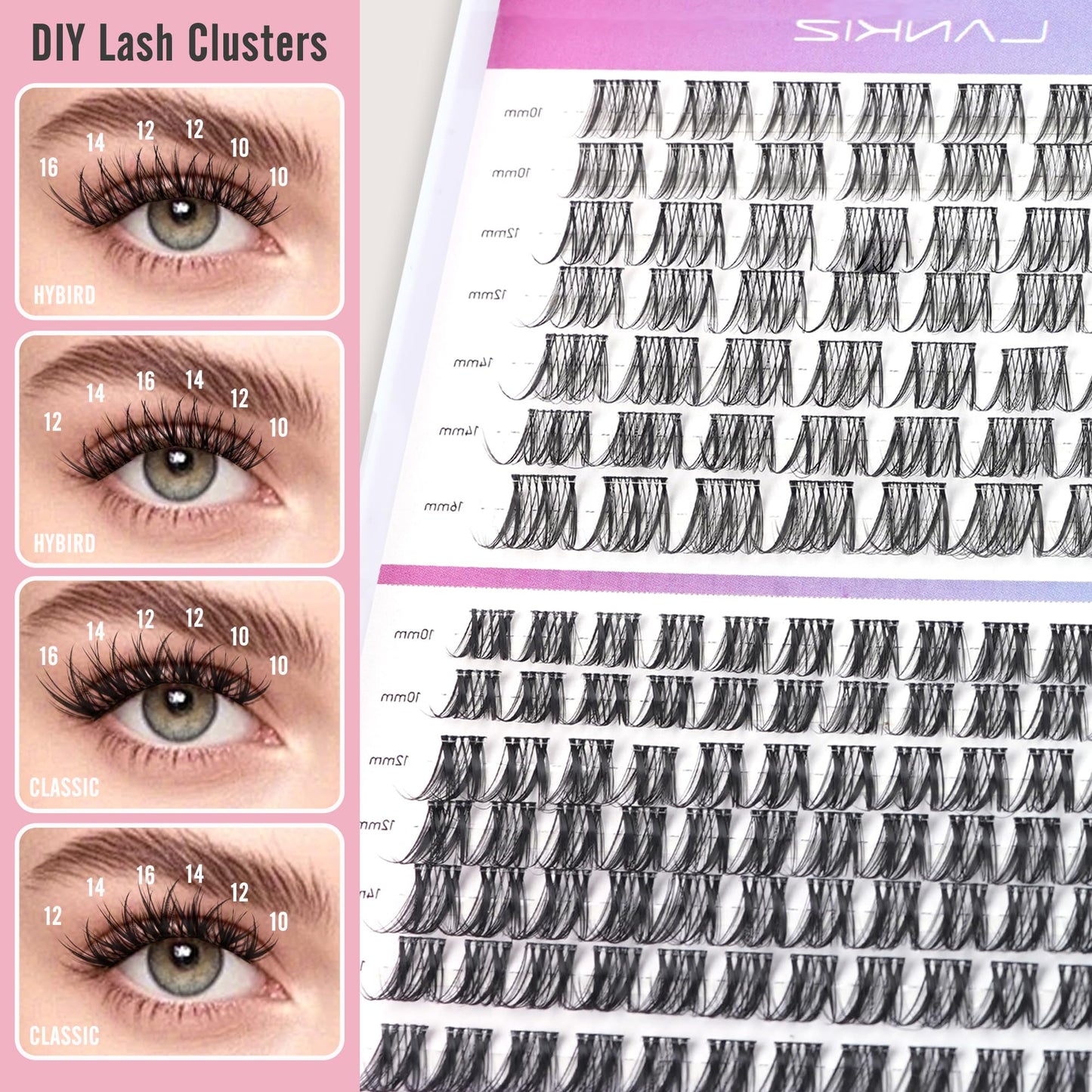 LANKIZ Classic Cluster Lashes, D Curl 140PCS Wide Band Individual Eyelashes 10-16mm Wispy Reusable DIY Lash Clusters for Daily Wear and Events Lankiz