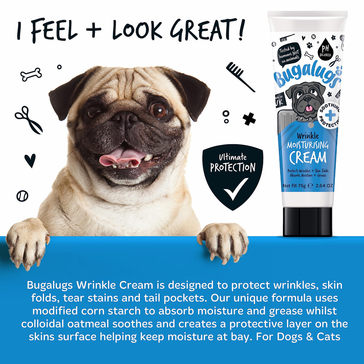 BUGALUGS Wrinkle paste for Bulldogs, French Bulldogs, wrinkly dogs & cats. For itchy wrinkle folds, tear stains & tail pockets, anti-itch & itchy dog skin relief. Great itch remedies for dogs 75g