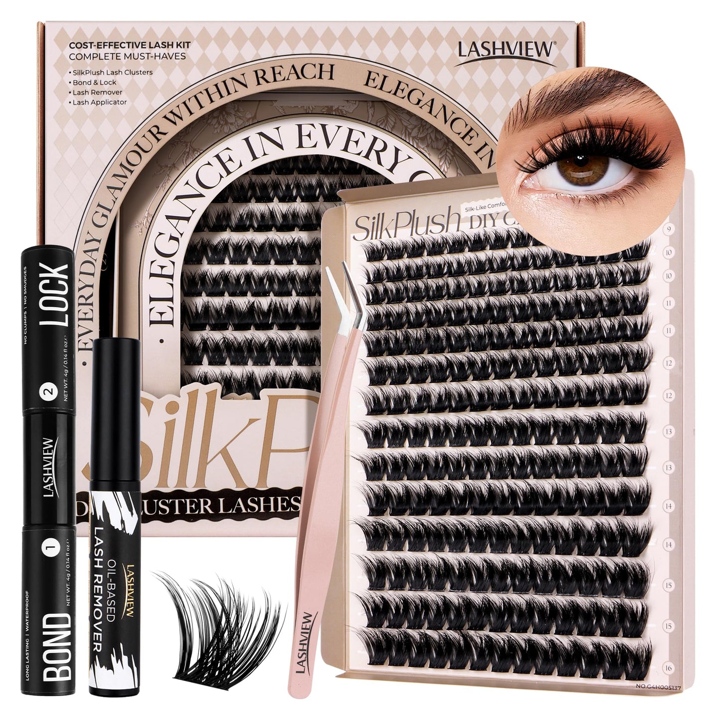 LASHVIEW DIY Lash Extension Kit, 9-16mm Mix D Curl Cluster Eyelash Extension Kit Cluster Lashes with Lash Bond and Seal, Lash Glue Remover and Lash Applicator W163