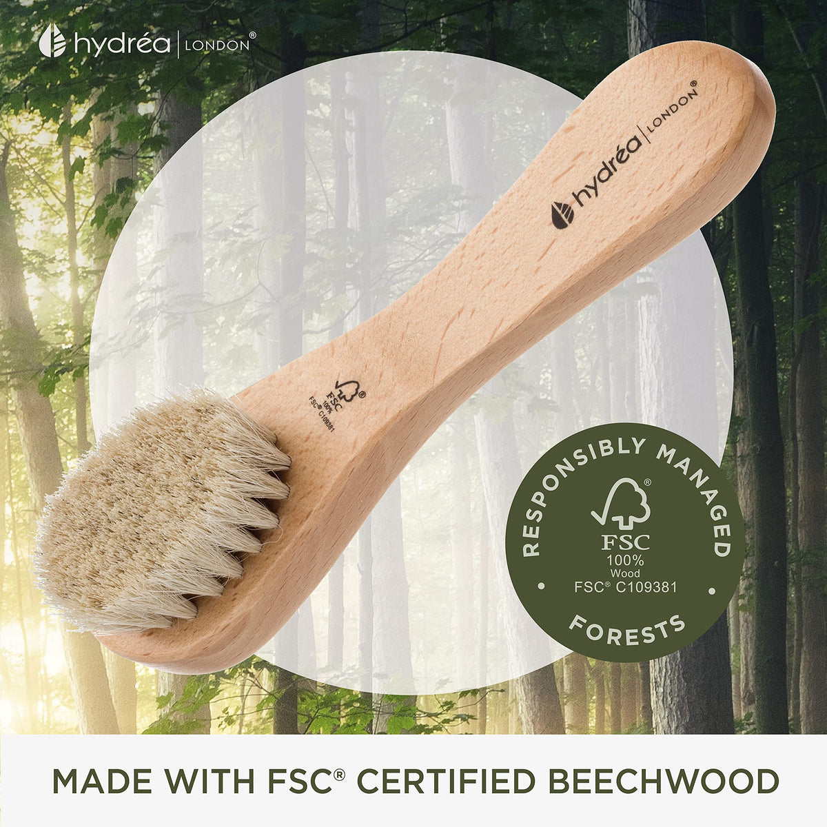 Hydrea London Face Brush - Natural Bristle Dry Facial Cleansing Skin Exfoliator, Gentle Scrub & Exfoliating, Helps Lymphatic Flow – FSC® Certified Beechwood.