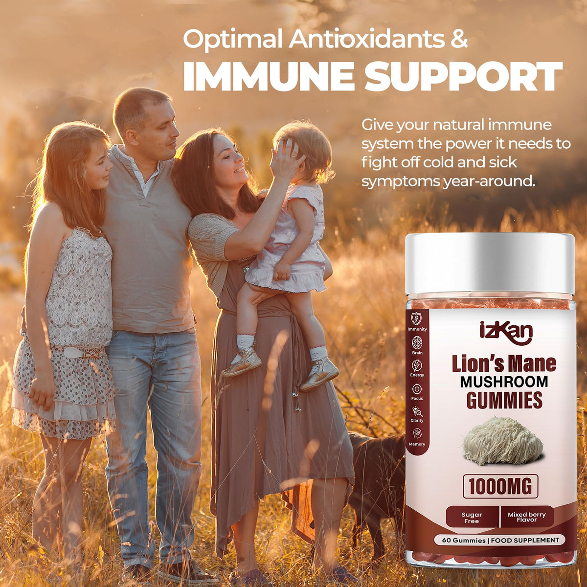 Izkan Mushroom Gummies 1000mg - Lion Mane Mushroom Gummies Supplement Promotes Focus, Memory, and Mood - 60 Count (Mixed Berry Flavor, Halal, Gluten-Free, Vegan) (3)