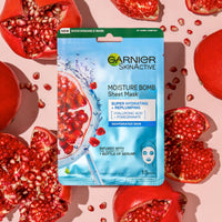 Garnier Moisture Bomb Pomegranate and Hyaluronic Acid Sheet Mask, Super Hydrating & Replumping Face Mask, For Dehydrated Skin, Vegan Tissue Mask, 28g