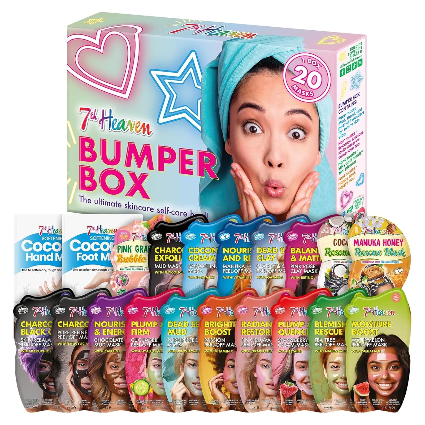 7th Heaven Bumper Box Skin Care Gift Collection, Pack of 20 Face, Hair and Body Masks, Mud, Cream and Peel-Off Variety, Deeply Moisturising, Hydrating and Fruity Pamper Set