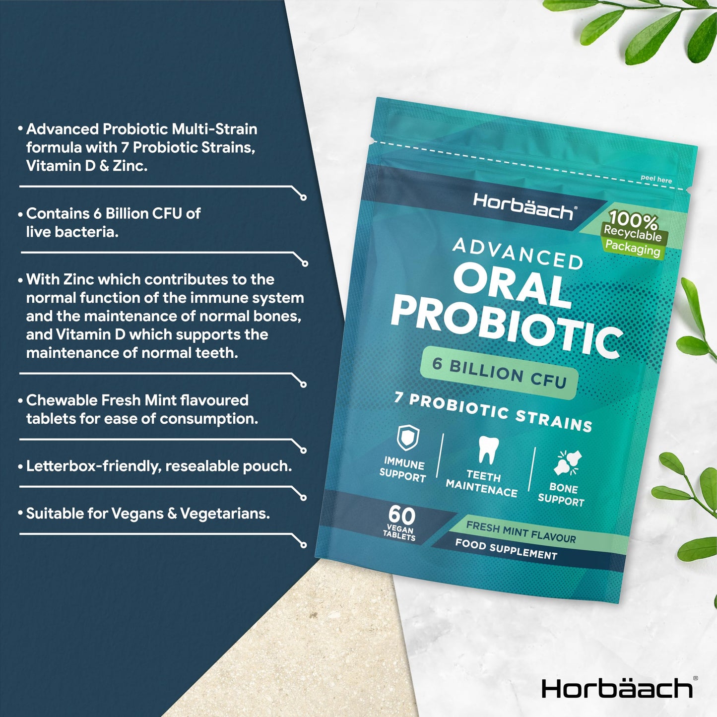 Oral Probiotics for Mouth 6 Billion CFU | Advanced Dental Probiotics for Adults | 7 Probiotic Strains Including Lactobacillus Reuteri | 60 Vegan Chewable Tabs | Mint Flavour | by Horbaach