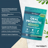 Oral Probiotics for Mouth 6 Billion CFU | Advanced Dental Probiotics for Adults | 7 Probiotic Strains Including Lactobacillus Reuteri | 60 Vegan Chewable Tabs | Mint Flavour | by Horbaach