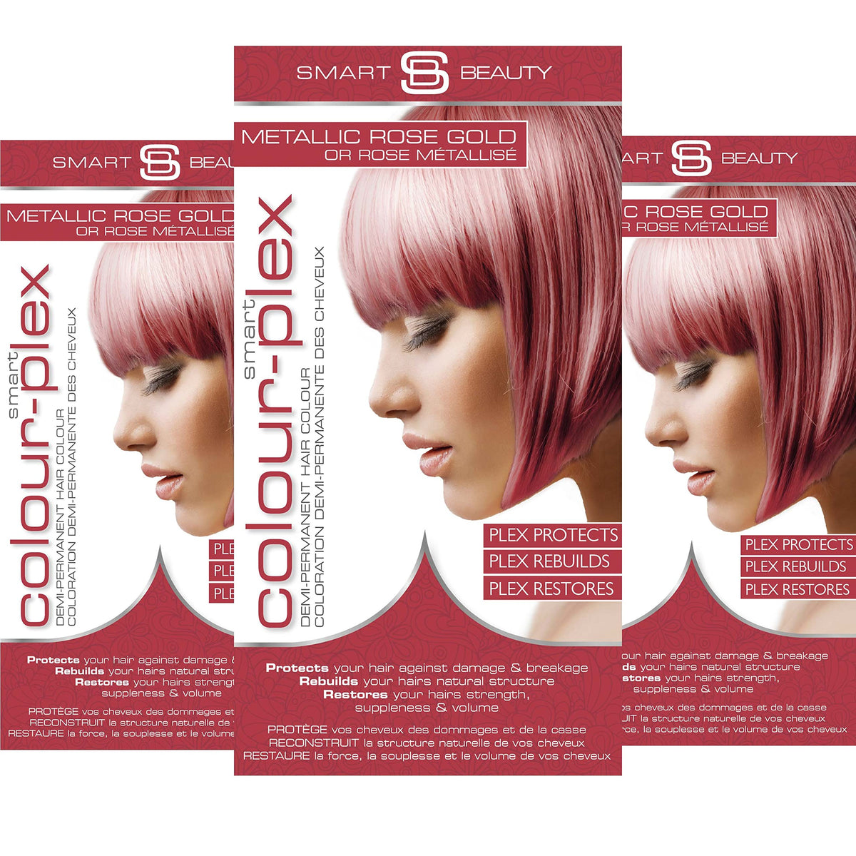 Metallic Rose Gold Hair Dye Demi-Permanent, Toner for Bleached Hair, Anti-Breakage Plex Hair Care, Vegan Hair Dye, Cruelty-Free, Grey Coverage, Rose Hair Colour, by Smart Beauty (pack of 3)