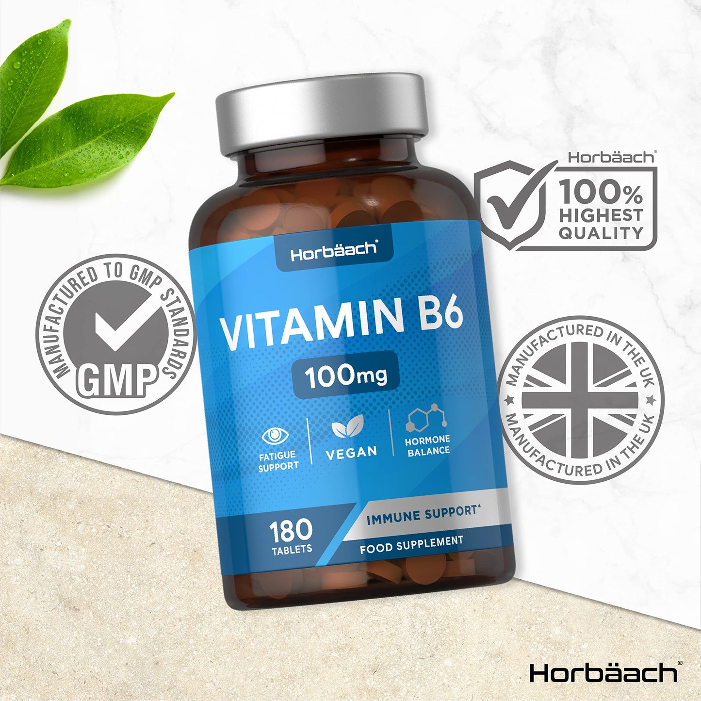 Horbäach Vitamin B6 100mg | 180 High Strength Tablets | Regulation of Hormonal Activity & Fatigue Support | Suitable for Vegans & Vegetarians | by Horbaach