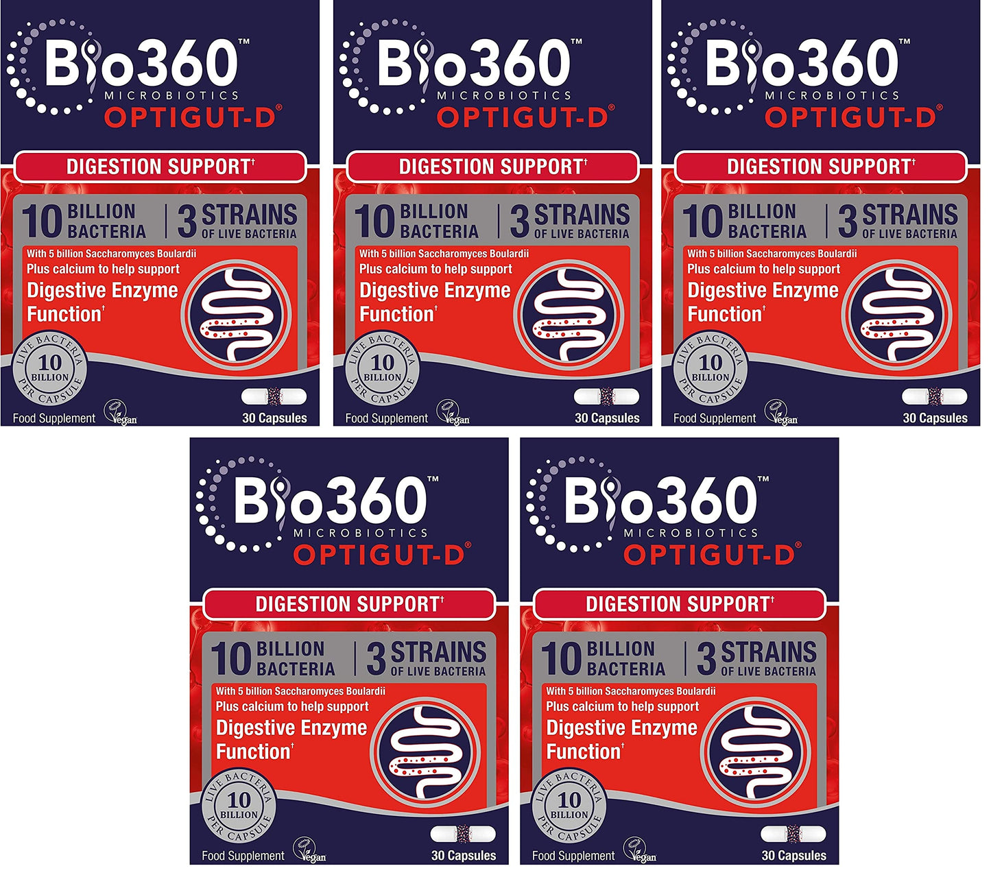 Natures Aid Bio360 OptiGUT-D (10 Billion Bacteria), Digestion Support, 30 Capsules (Pack of 5)