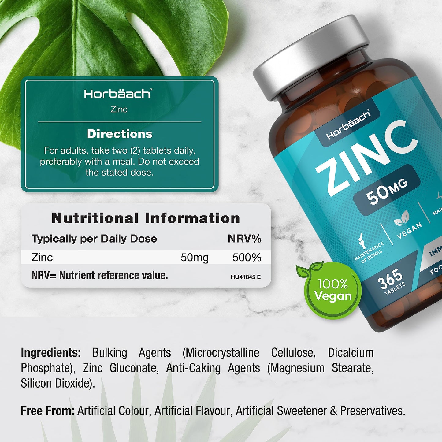 Zinc Supplement 50mg | 365 Vegan Tablets | for Immunity, Skin, Hair, Nails, Bones & Vision | Zinc Gluconate | No Artificial Preservatives | by Horbaach