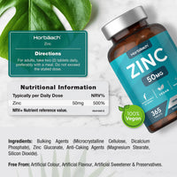 Zinc Supplement 50mg | 365 Vegan Tablets | for Immunity, Skin, Hair, Nails, Bones & Vision | Zinc Gluconate | No Artificial Preservatives | by Horbaach