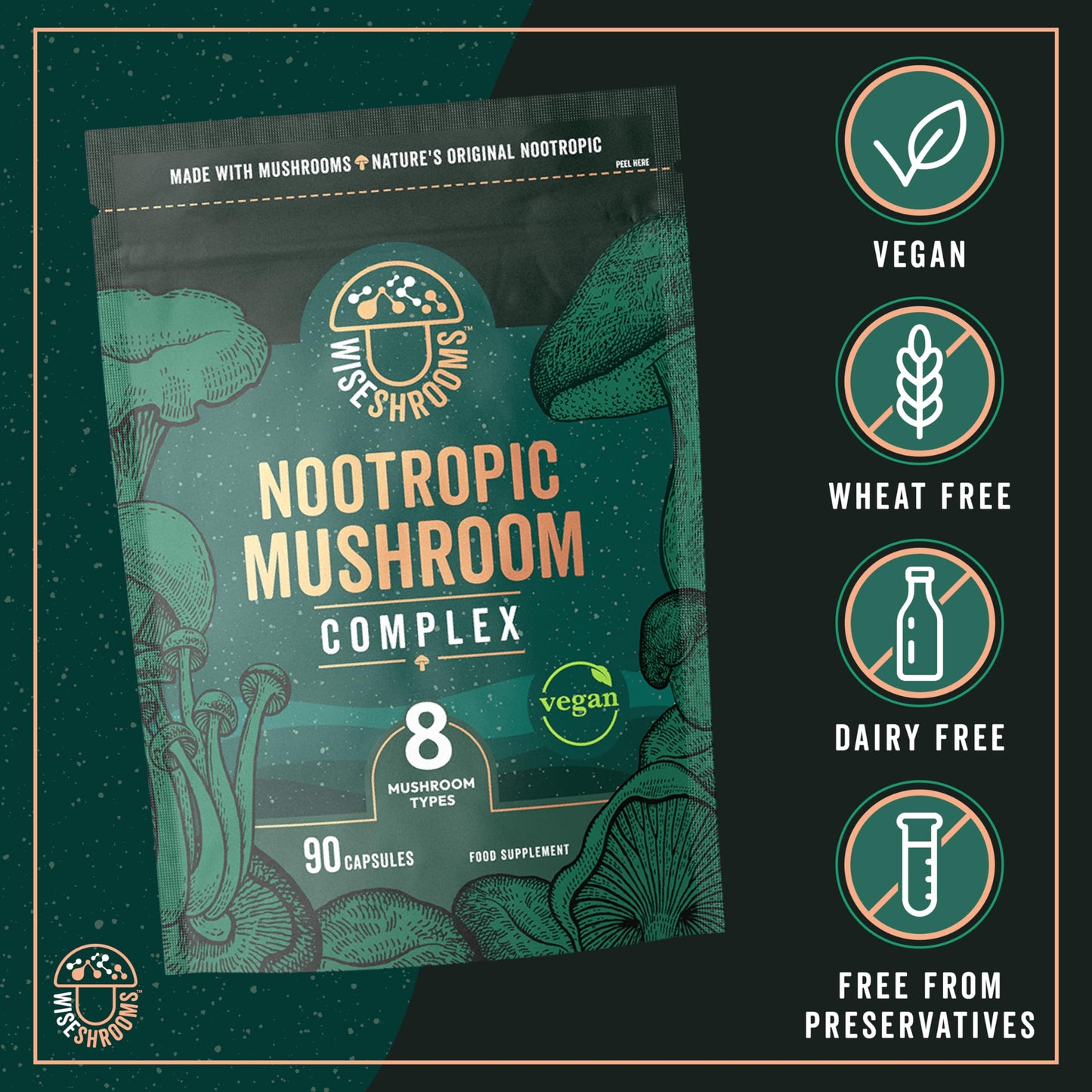 Mushroom Complex 8 Capsules | Nootropic Complex with Lions Mane, Reishi, Chaga, Cordyceps, and More | High Strength Nootropic Brain Supplement | from Fruit Bodies | 90 Vegan Capsules | by Wiseshrooms