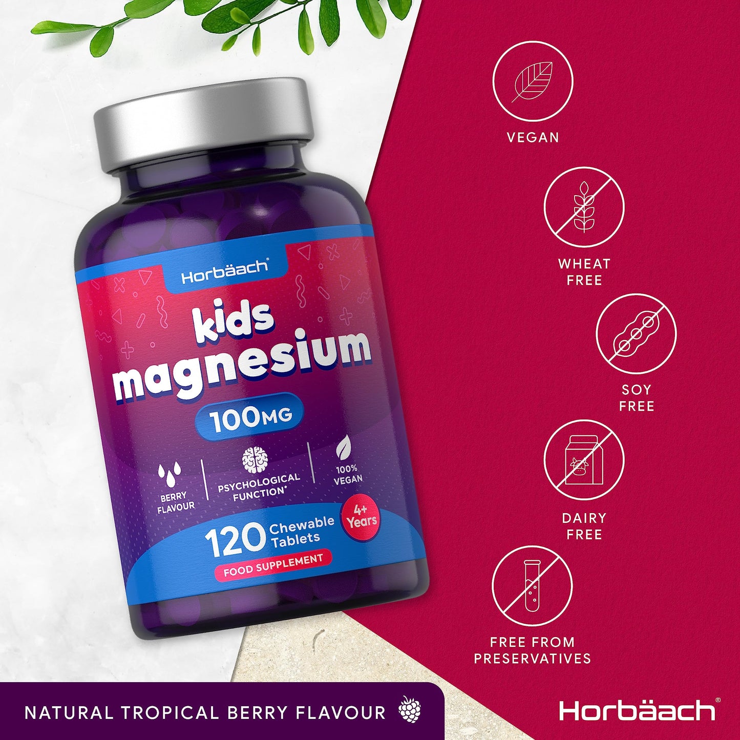 Magnesium Tablets for Kids | 100mg | 120 Chewable Tablets | Berry Flavour Vegan Supplement | Psychological Function | by Horbaach