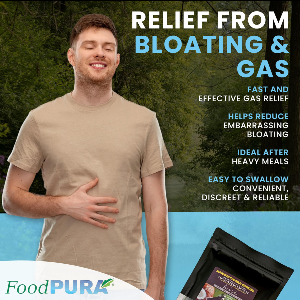 FoodPURA 100% Natural 365 High Strength Coconut Activated Charcoal Capsules not Tablets 1500mg Digestive Support Reduces Bloating & Flatulence After Eating Vegan(365)