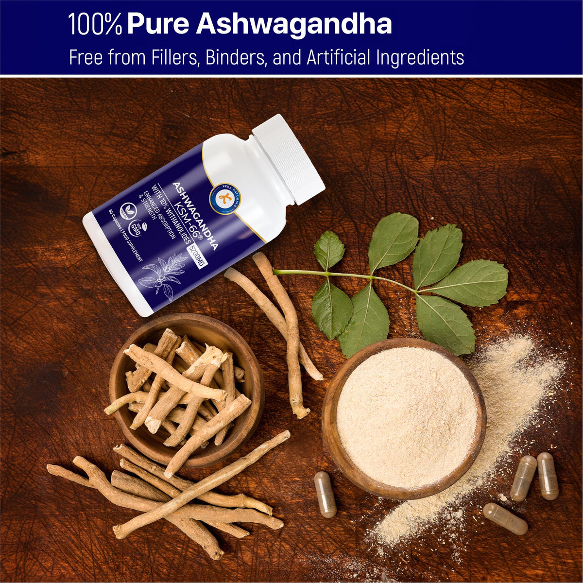 Keka Naturals Ashwagandha KSM-66-5200mg - 10% Withanolides - Enhanced Absorption and High Strength - All Natural, Non-GMO - 60 Vegan Capsules
