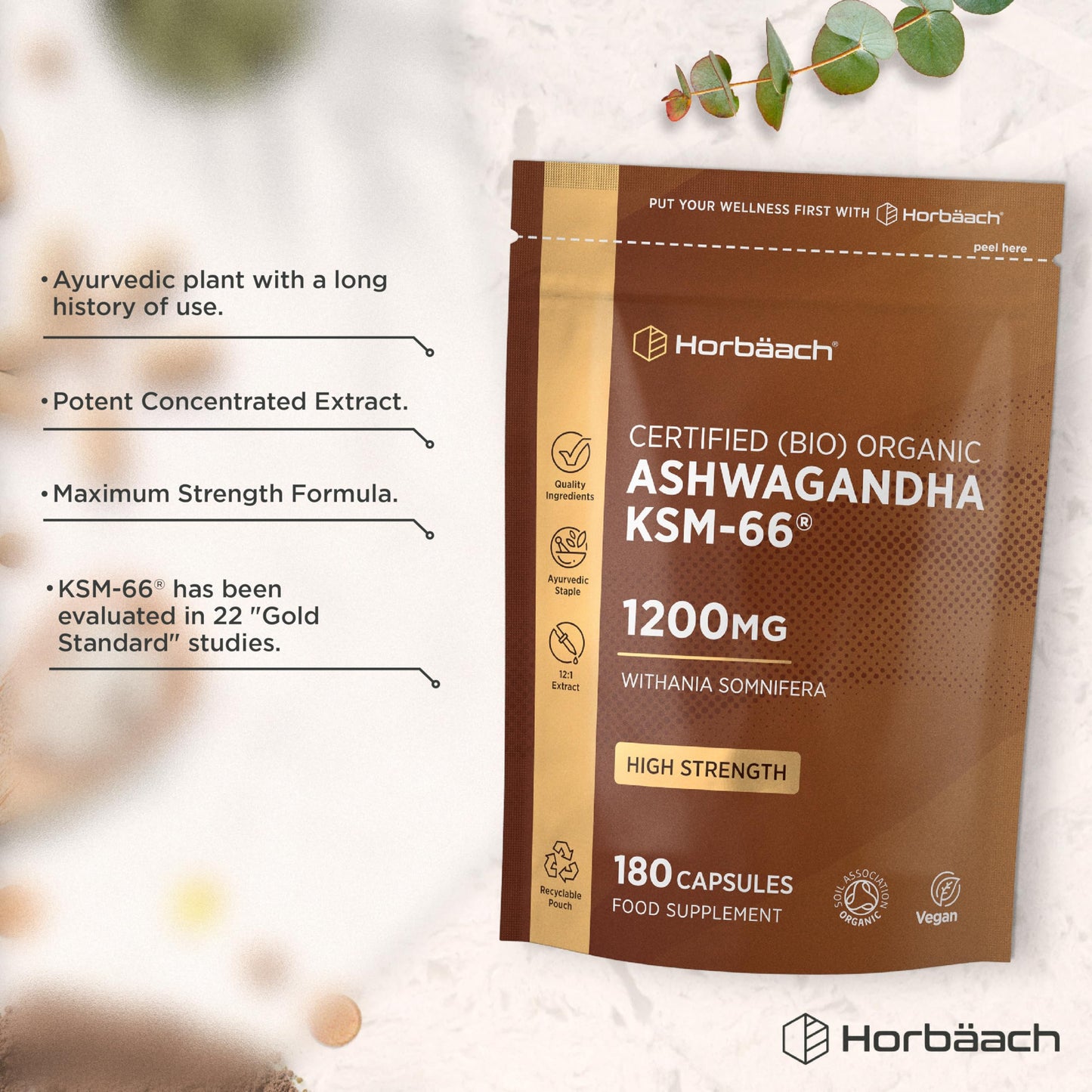 Horbäach Organic Ashwagandha KSM-66® 1200mg with 5% Withanolides | Pure Ashwagandha Root Powder | High Strength | 180 Vegan Capsules (Not Tablets) | Supplement for Men & Women | by Horbaach