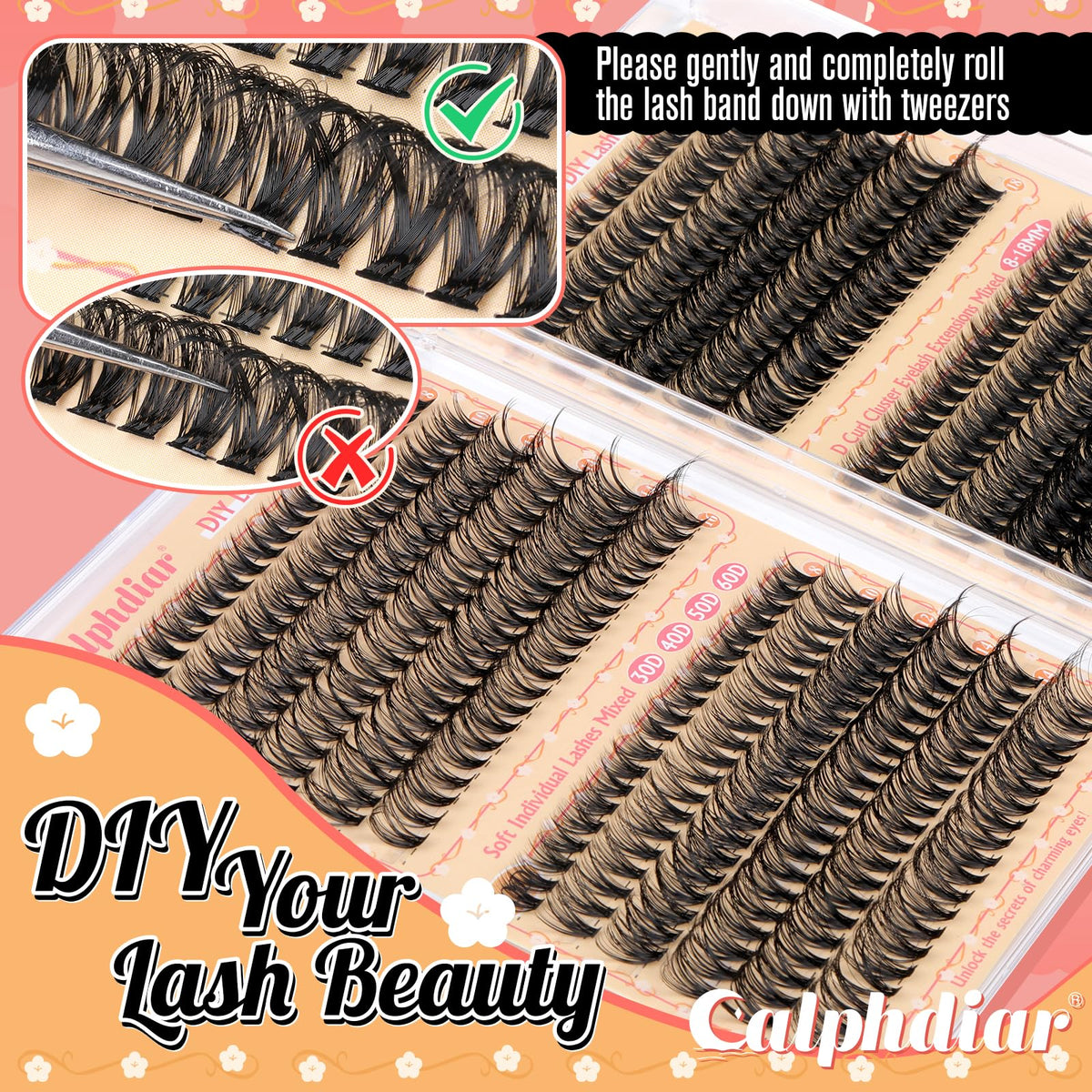 calphdiar Cluster Lashes 30D+40D+50D+60D Individual Eyelashes 480PCS Wispy Lashes Individual Cluster D Curl Eyelash Extensions 8-18MM Natural Volume Eyelash Clusters DIY Lash Extension for Beginners