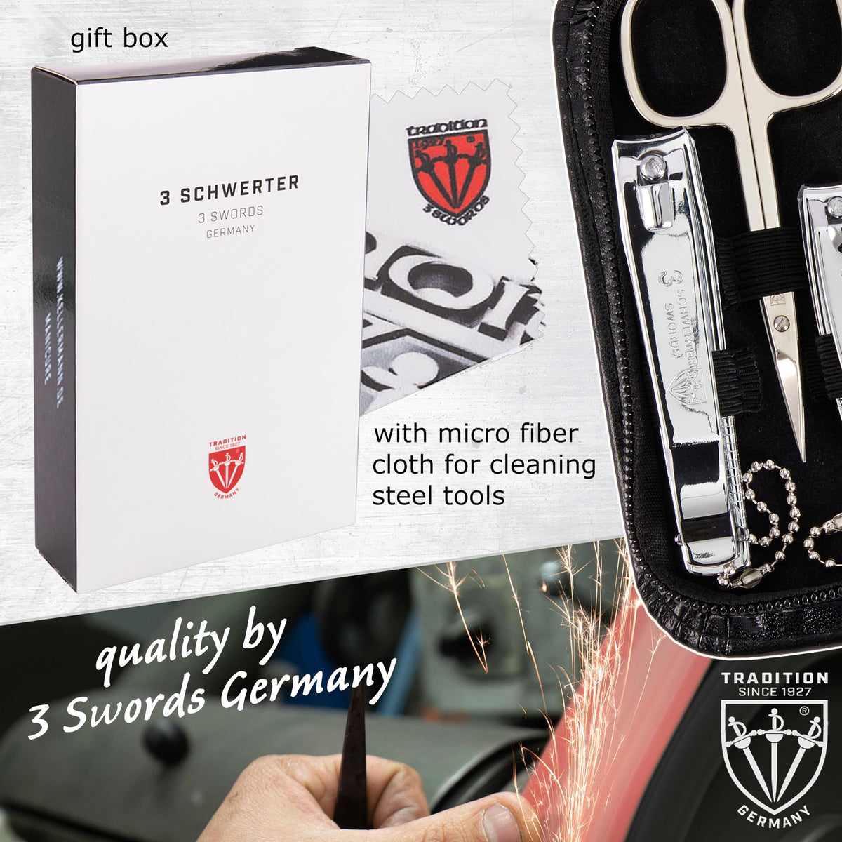 3 Swords Germany - Brand Quality 8 piece Manicure Pedicure Grooming kit Set for Daily nailcare Synthetic Leather case Black in Gift Box - Made by 3 Swords