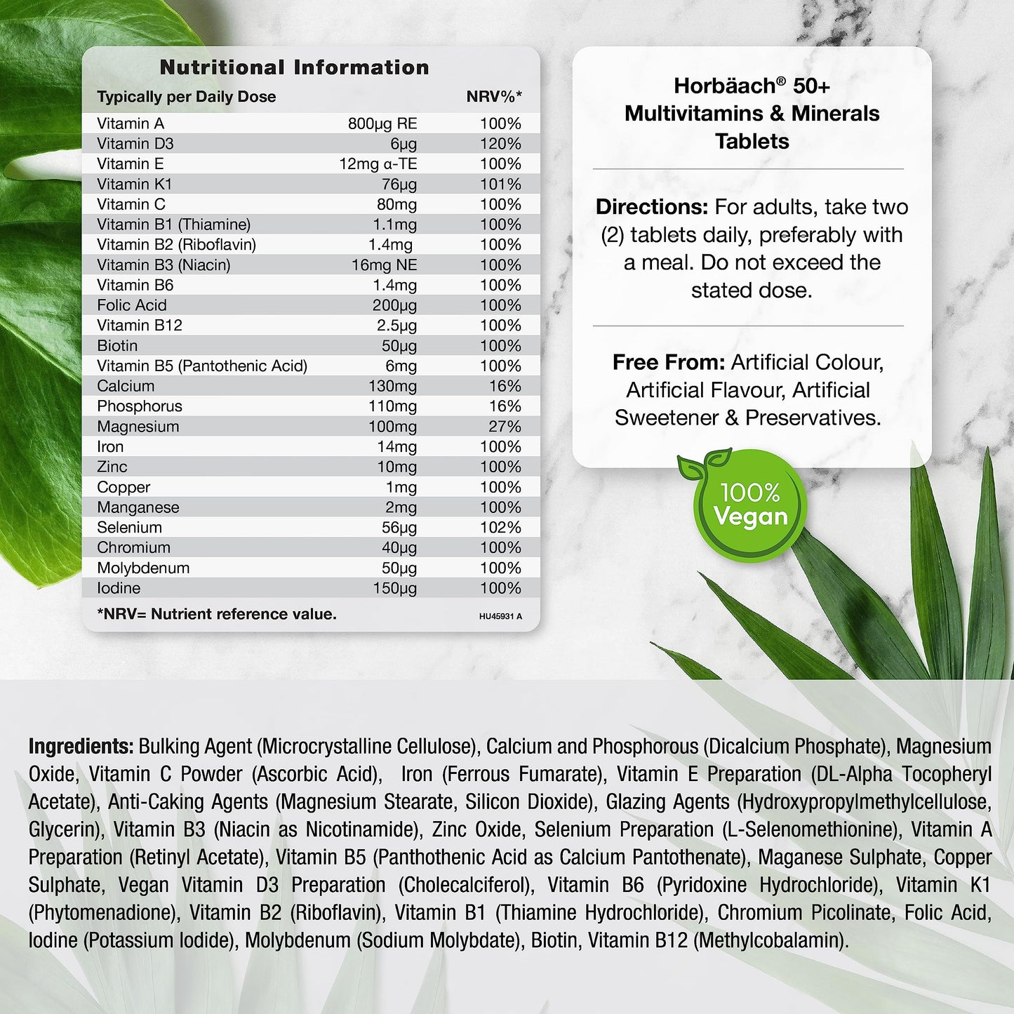 Multivitamin and Mineral Tablets for Adults 50 Plus | 180 Count | with 24 Essential Nutrients for Men and Women 50 + | 100% Vegan | by Horbaach