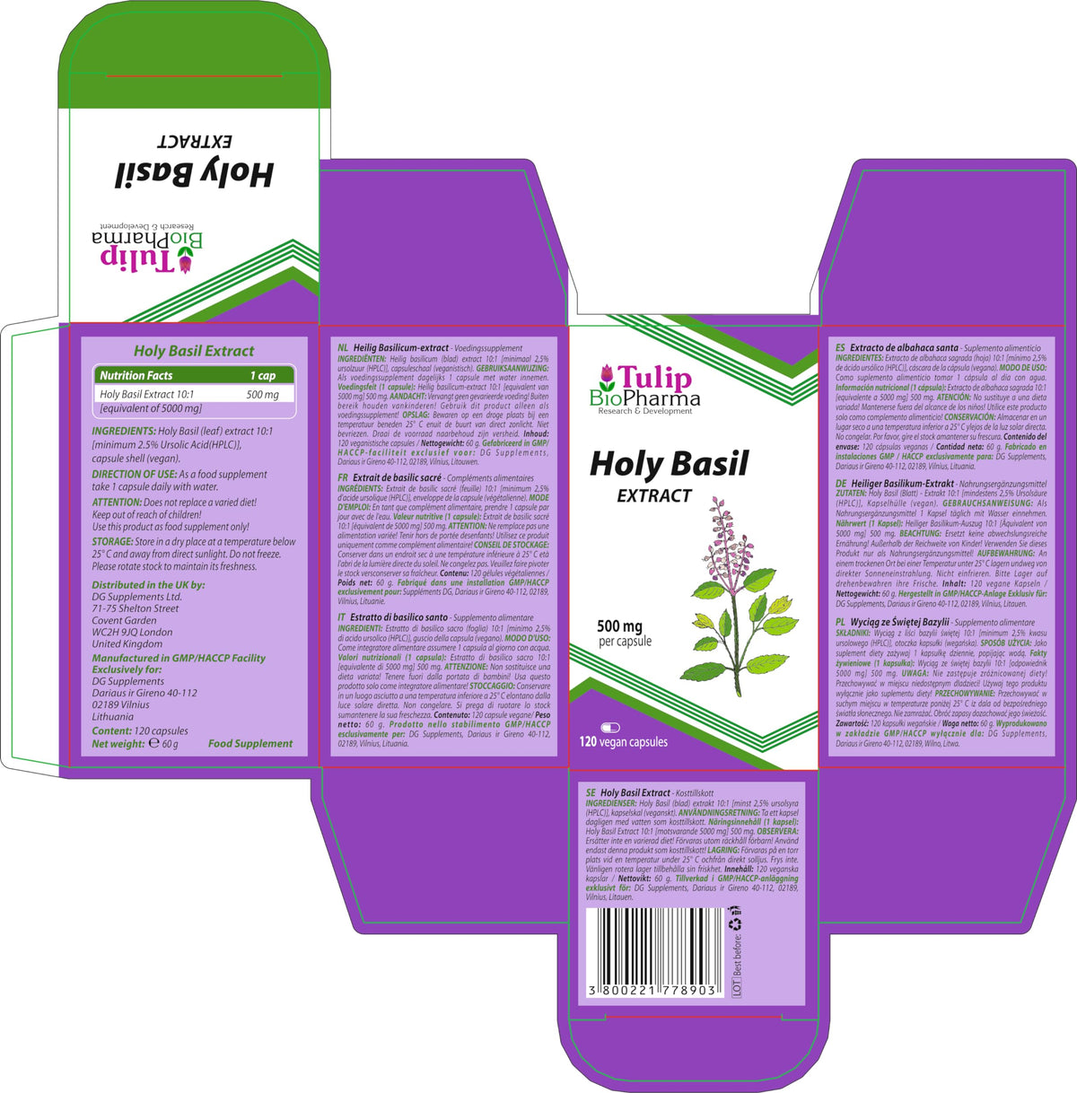 Tulip BioPharma Tulsi Holy Basil 5,000mg Equivalent | 120 Capsules | 4-Month Supply | 500mg 10:1 Ocimum Sanctum Extract | 3rd Party Lab Tested