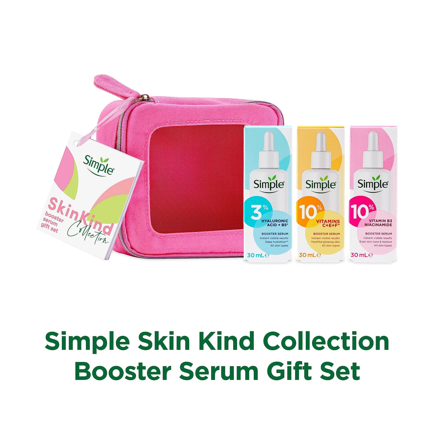 Simple Skin Kind Booster Serum Gift Set with a small travel beauty bag skin care products for her 3 piece