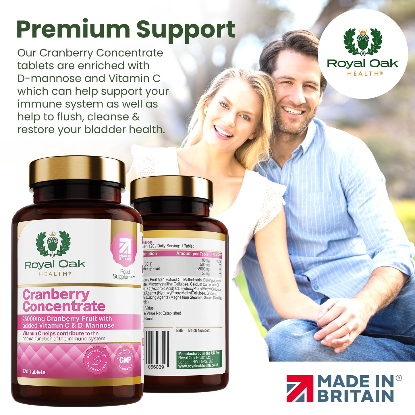 Premium Cranberry Concentrate 25,000mg with D-Mannose & Vitamin C |4 Month Supply x120 Tablets | Non-GMO, Gluten Free, Cranberries Fruit Extract Supplement for Women| UK Made by Royal Oak Health