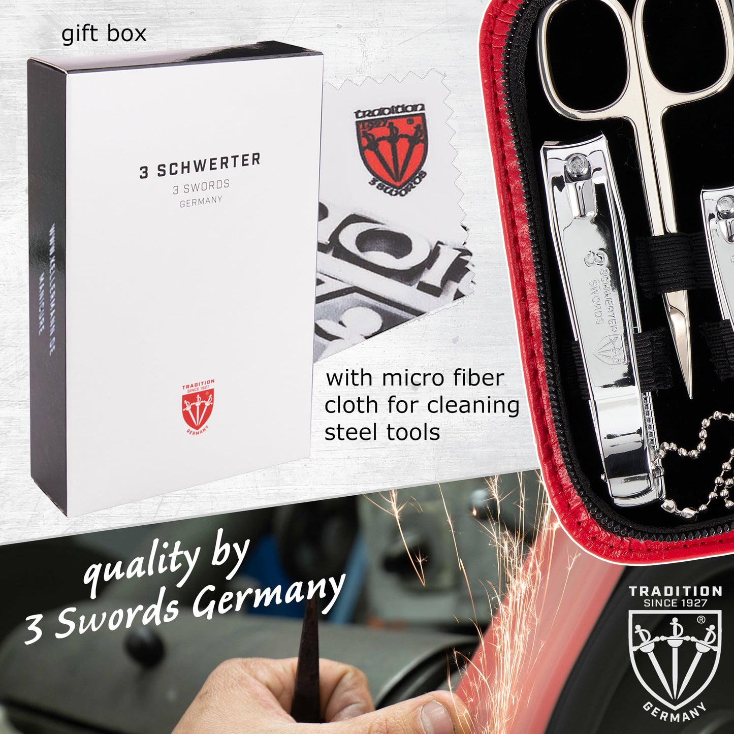 3 Swords Germany - brand quality 8 piece manicure pedicure grooming kit set with red genuine leather case - Made by 3 Swords
