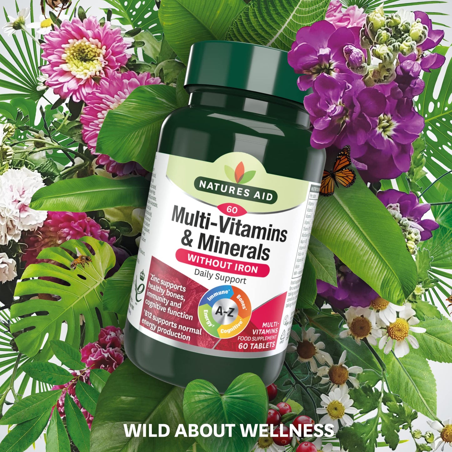Natures Aid Multi-Vitamins and Minerals 60 Tablets (Without Iron, One-a-Day Multi-Vitamin and Mineral Formula, Supports Immune, Energy, Brain and Bone Health, Vegan Society Approved, Made in the UK)