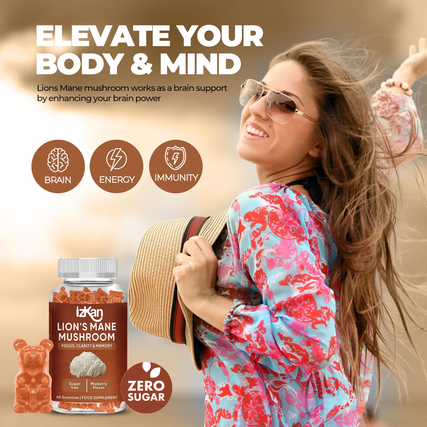 Izkan Mushroom Gummies 1000mg - Lion Mane Mushroom Gummies Supplement Promotes Focus, Memory, and Mood - 60 Count (Mixed Berry Flavor, Halal, Gluten-Free, Vegan) (1)