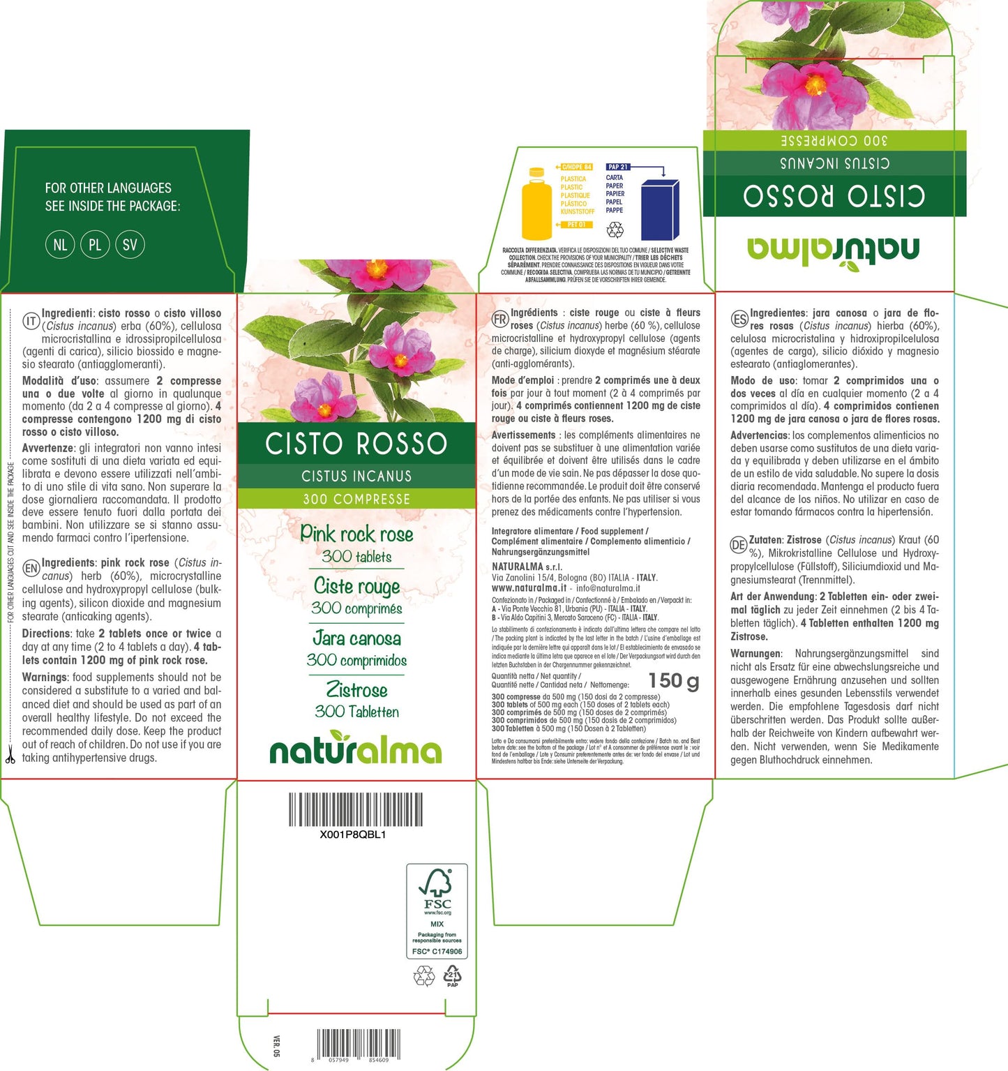 Pink Rock Rose (Cistus incanus) herb NATURALMA | 150 g | 300 Tablets of 500 mg | Food Supplement | Natural and Vegan