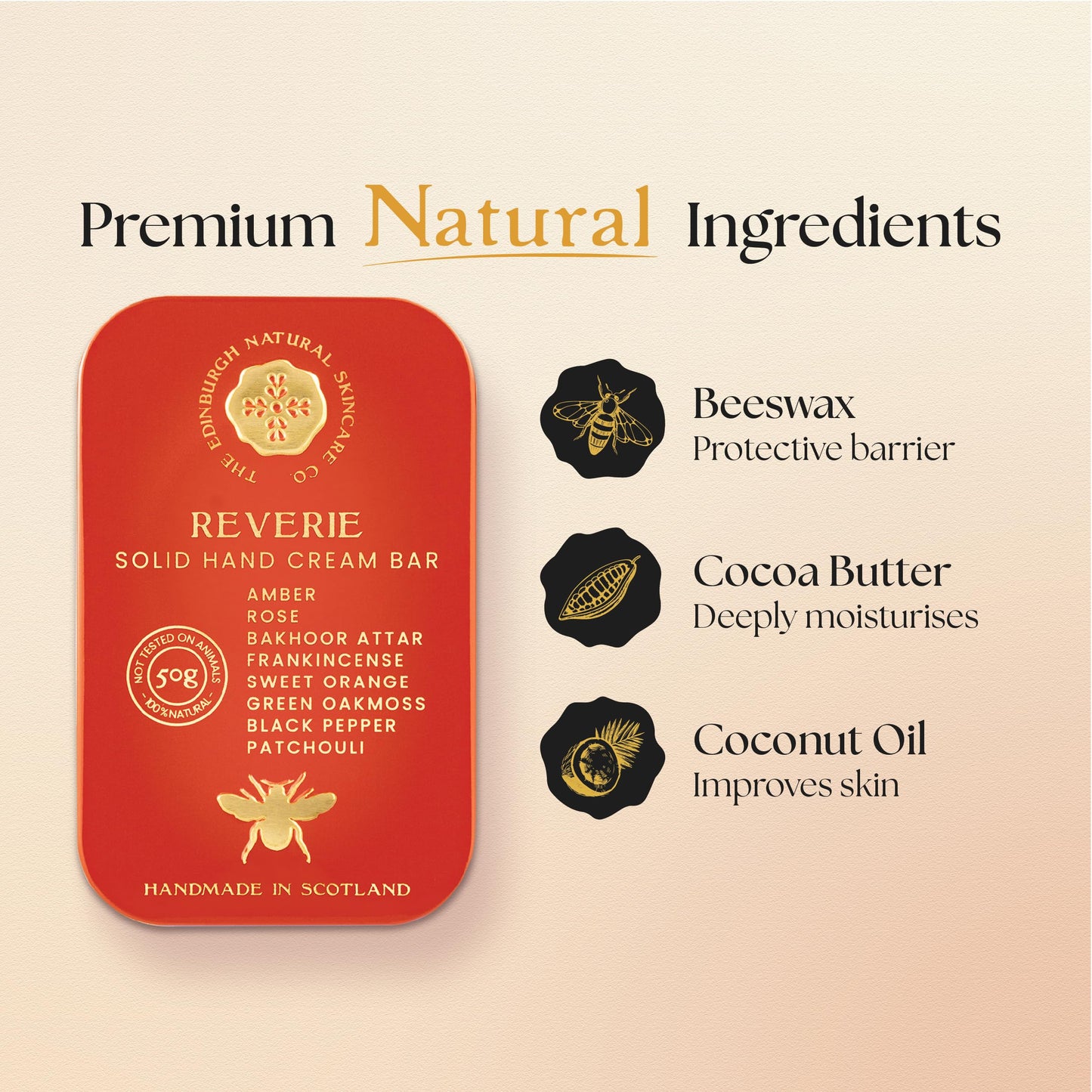 The Edinburgh Natural Skincare Company Ltd. Reverie Hand Cream Bar – 100% Natural Moisturiser for Very Dry Hands | With Beeswax, Cocoa Butter & Coconut Oil | Long-Lasting, Travel-Friendly, Cruelty-Free, Ideal for Gifting | 50g