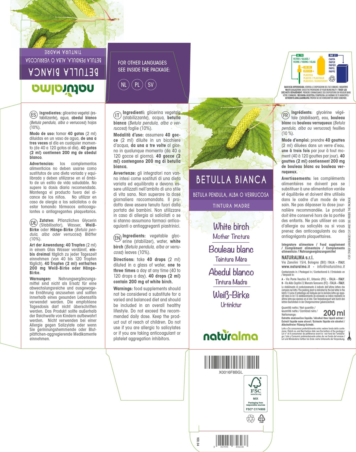 White Birch (Betula pendula, alba or verrucosa) Leaves Alcohol-Free Mother Tincture Naturalma | Liquid Extract Drops 200 ml | Food Supplement | Vegan
