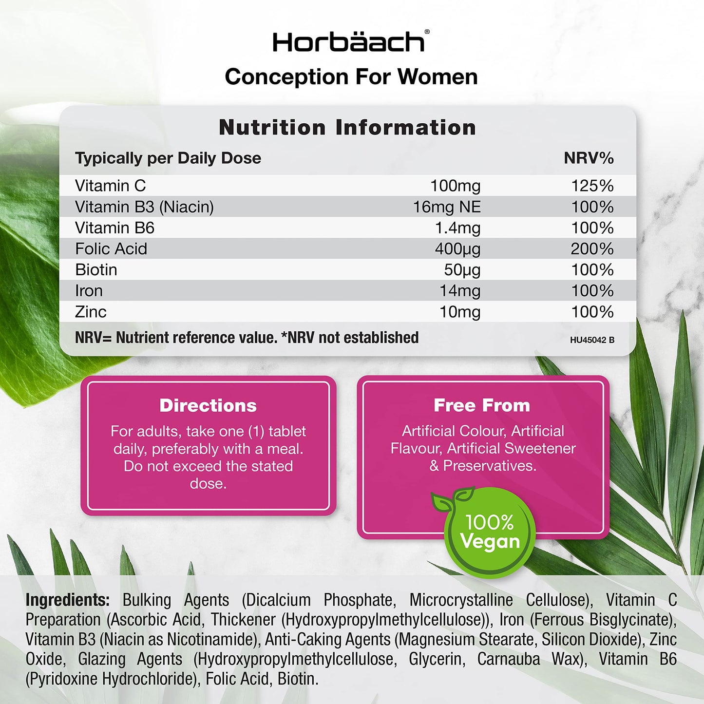 Conception Vitamins for Women | 400µg Folic Acid with Vitamin C, Iron & Zinc | 90 Vegan Tablets | Pregnancy & Fertility Support | by Horbaach
