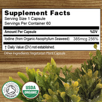 Earthier Certified Organic Iodine from 500mg Sea Kelp Giving 385mcg Iodine per Capsule 256% RDA Contributes to Normal Thyroid Function