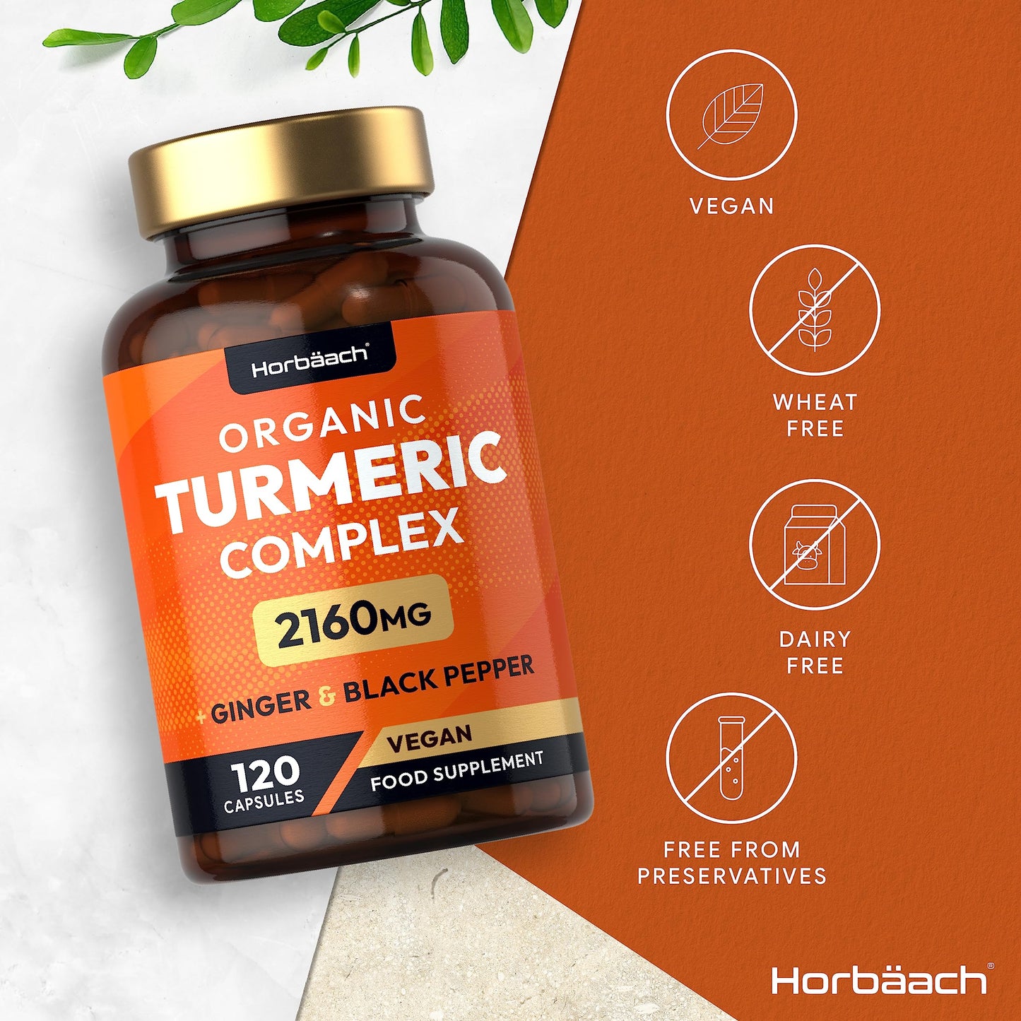 Organic Turmeric and Black Pepper Capsules | 2160mg | High Strength Curcumin with Ginger | 120 Vegan Capsules | by Horbaach