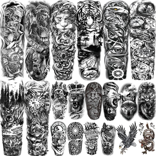 LAROI 20 Sheets Full Arm Temporary Tattoos For Men Women Thigh, Zeus God Lion Eagle Tiger Fake Sleeve Tattoo For Adults, Long Lasting Halloween Black Dragon Maori Tattoo Stickers Compass Rose Florals