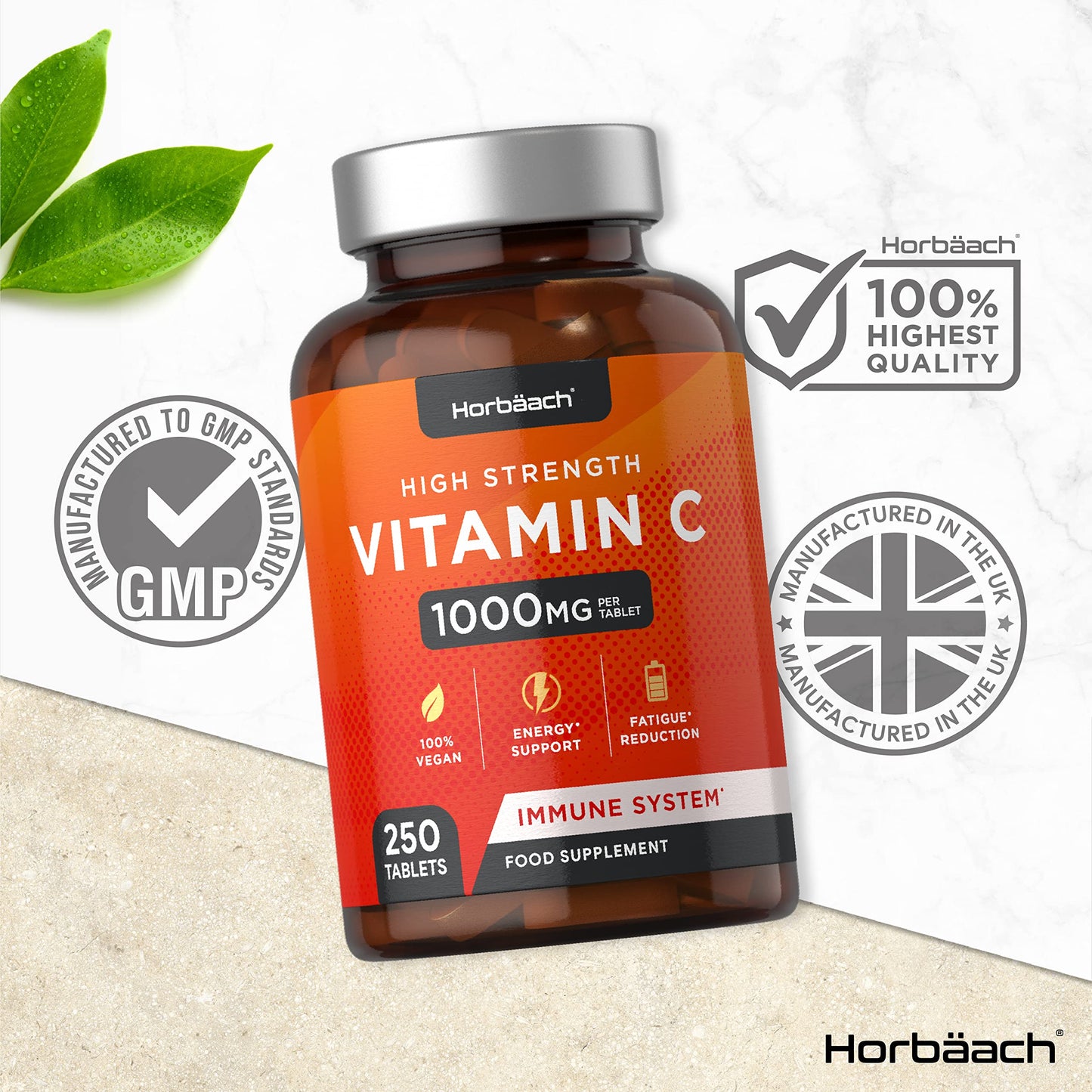 Vitamin C Tablets | 250 Count | 1000mg per Tablet | High Strength Immune and Energy Support | Vegan | by Horbaach