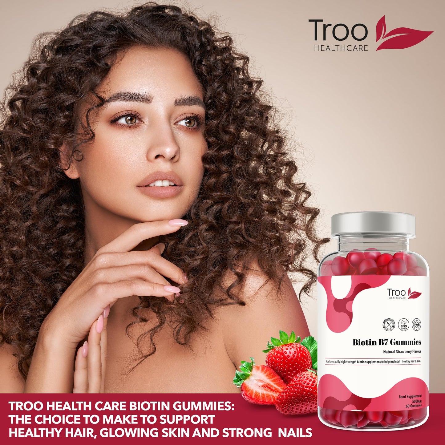 Troo Health Care Biotin 5000mcg Hair, Skin and Nail Growth Support Gummy Supplement - 60 Natural Strawberry Flavour Chewable Gummies - 5 Months Supply – Vegan Friendly – for Men and Women