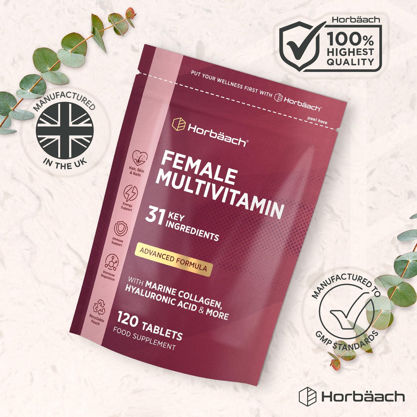 Horbäach Womens Multivitamins and Minerals with Marine Collagen & Hyaluronic Acid | 31 Essential Vitamins, Minerals, & Botanicals with Cranberry, Iron, Biotin, B6 & More | 120 Tablets | by Horbaach