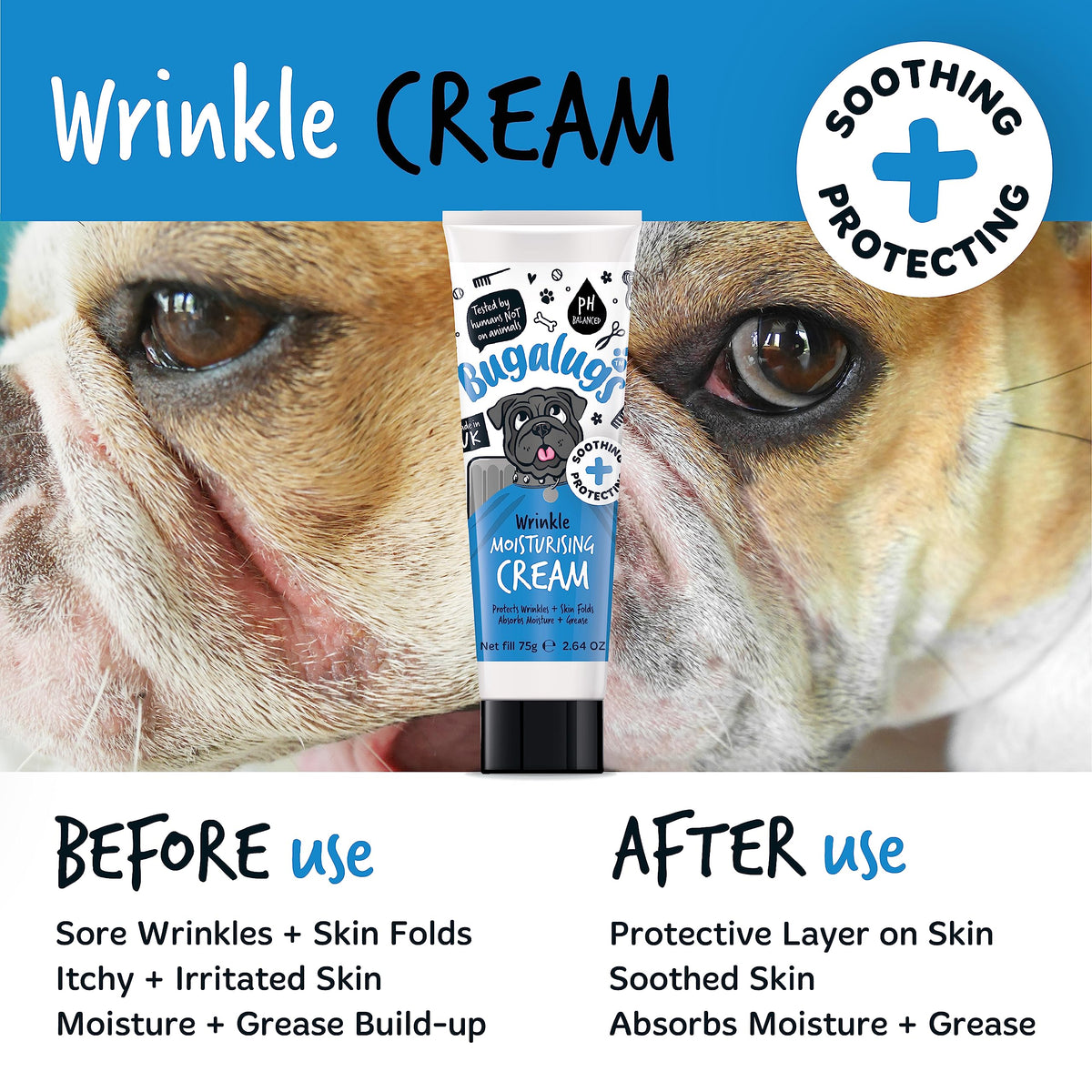 BUGALUGS Wrinkle paste for Bulldogs, French Bulldogs, wrinkly dogs & cats. For itchy wrinkle folds, tear stains & tail pockets, anti-itch & itchy dog skin relief. Great itch remedies for dogs 75g