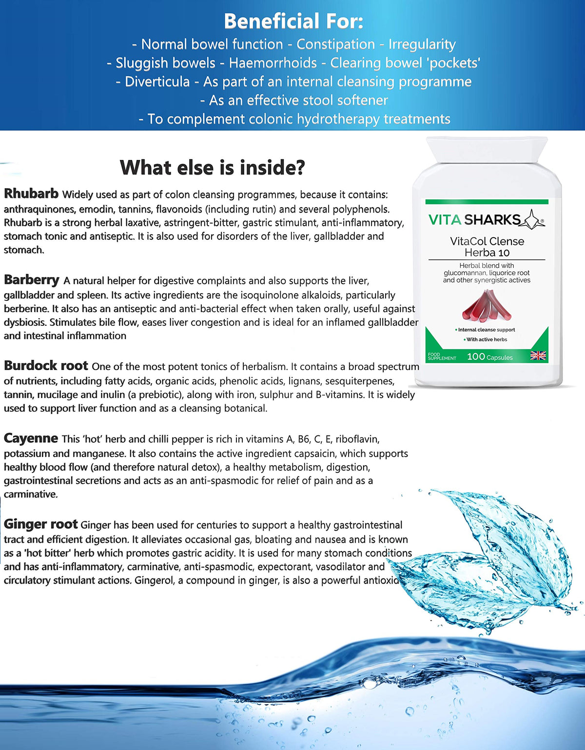Vita Sharks VitaCol Cleanse & Clear Herba 10 | Natural Stool Softening Vegan Colon Detoxifying & Bowel Cleansing Formula. 10 Kosher, Herbal Ingredients for Faecal Regularity & Relieve Constipation
