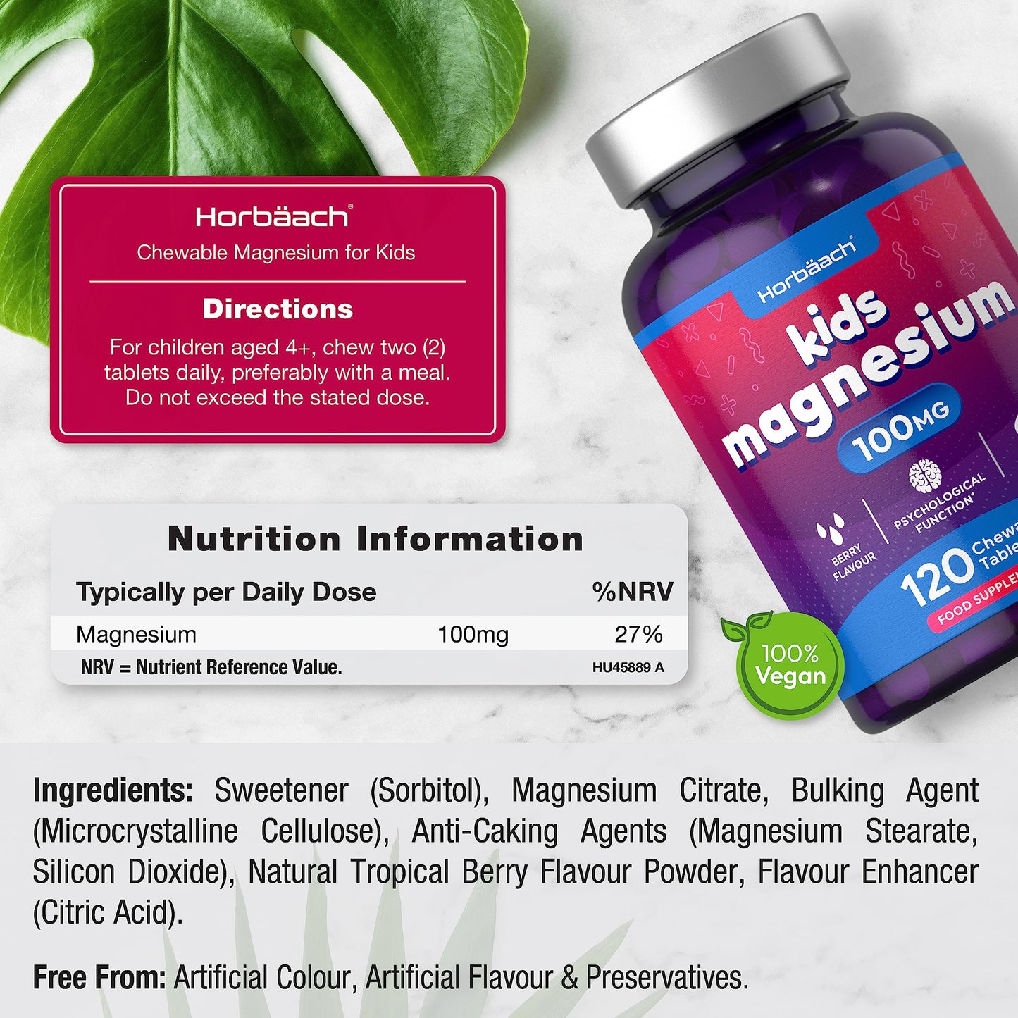 Magnesium Tablets for Kids | 100mg | 120 Chewable Tablets | Berry Flavour Vegan Supplement | Psychological Function | by Horbaach