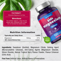 Magnesium Tablets for Kids | 100mg | 120 Chewable Tablets | Berry Flavour Vegan Supplement | Psychological Function | by Horbaach